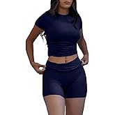 ZFLM Casual Workout Two Piece Outfits for Women Short Sleeve Crop High Waist Foldover Shorts Tracksuit Sets Streetwear