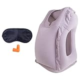 Soft Inflatable Travel Pillow Supporting Head Neck Top – BONUS Eye Mask Ear Plugs Small Carry Bag Lightweight Portable on cars airplane flight Comfortable Sleep Support for Men Women Kids Boys Girls