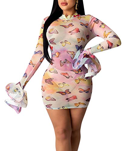 Sprifloral-Vestito-lungo-aderente-da-donna-a-maniche-lunghe-con-collo-alto-e-maglia-colorata-trasparente