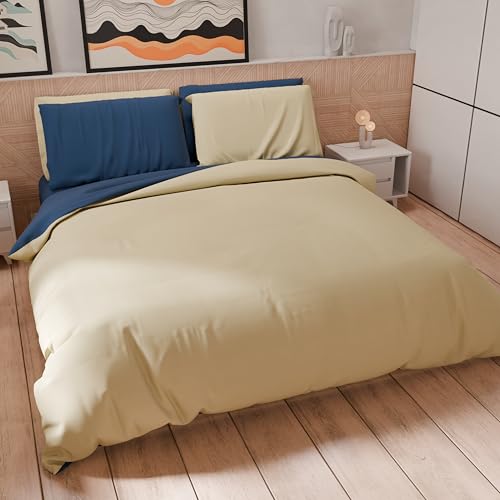 PETTI Artigiani Italiani - Duvet Cover Set 200x220 cm with 2 Pillowcases 80x80 cm, Soft Microfibre, Midnight Blue - Taupe
