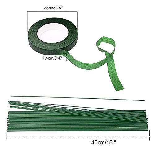 3 Rolls Flower Paper Tape with 50 Pieces Floral Stem Wire 16 Inch for Bouquent Stem Wrapping and Crafts, Dark Green