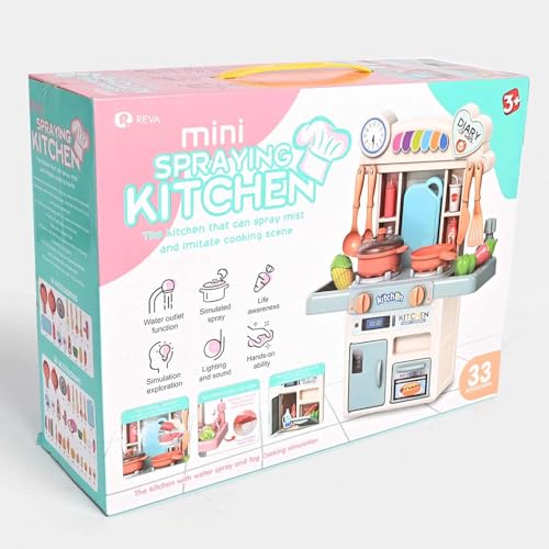 R REVA Mini Kitchen Playset for Kids Ages 3-8, 33PCS Compact Tabletop Pretend Play Cooking Set, 45cm Tall with Water Circulation Sink, Light & Sound Effects, Cookware & Food Accessories