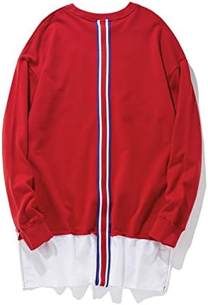 Zipper Back Ribbon Hoodies Hip Hop Patchwork Extended Pullover Double Layer Streetwear,Red,M