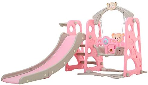 COTOMY Climber and Swing Set Combination of Swing Slide Basketball Hoop Indoor Backyard Slide Playground (4 in 1, Pink)