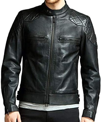 Men's MotoBiker Vintage Cafe Racer Motorcycle Quilted Shoulder Wax Real Lambskin Leather Jacket