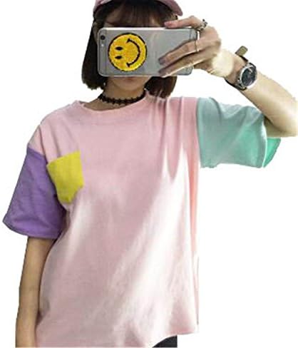 NEW Summer Style Fashion Women Harajuku Patchwork T Shirts Kawaii Casual Cotton Spell Color Patchwork Pink XXL