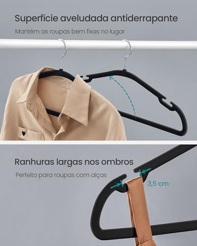 SONGMICS Cabides de Veludo, Pacote com 50 Cabides para Roupas, Antideslizantes, com Entalhes nos Ombros, Barra para Calças, Gancho Giratório 360°, que Economizam Espaço, Preto Tinta BRCRF039B03