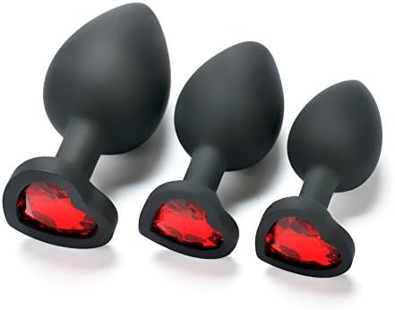 NCWEI 3Pcs/Size Black Soft Silicone Base with Heart Shaped Jeweled Sexy Stimulation for Women Men Couples Lover(Red)