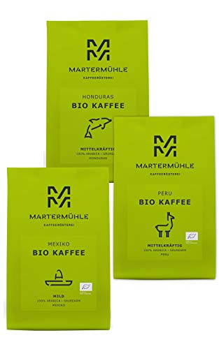 Martermühle Bio Kaffeebohnen Probierset 3x250g mild/mittelkräftig I Arabica I Ganze Bio Kaffee-Bohnen schonend geröstet…