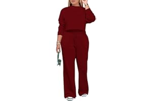 PINSV Women's 2 Piece Outfits Sweatsuit Set Long Sleeve Crop Top Drawstring Wide Leg Pants with Pockets Tracksuits Casual Set
