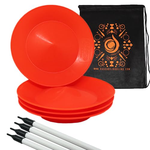 Cascade Juggling Set of 4 Spinning Plates and Sticks - Flexi Kid's Plate Spinning Set - Includes Cascade Carry Bag (Orange)