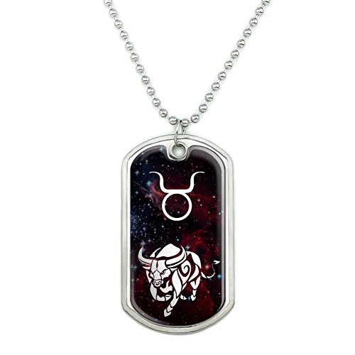 Taurus Bull Zodiac Sign Horoscope In Space Military Dog Tag Pendant Necklace with Chain