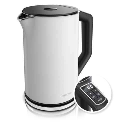 Arendo - Edelstahl Wasserkocher mit Temperatureinstellung 40-100 Grad in 5er Schritten - Doppelwand Design - Modell ELEGANT - 1,5 Liter - 2200 W - Tee