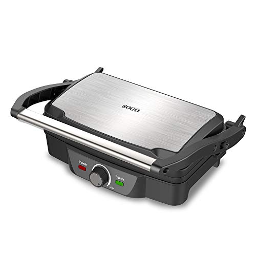 SOGO SS-7127 Elektro-Grill, Sandwichmaker und Panini-Grill, mit Antihaftbeschichtung aus Stein, Öffnung 180 Grad, mit Temperaturregler, 1600 Watt, Farbe Metallic-Grau und Schwarz