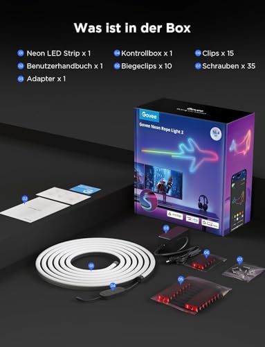 Govee Neon Rope Light 2, 10m RGBIC LED Streifen mit Form-Mapping, DIY Design, Kompatibel mit Matter, SmartThings, Alexa & Google Assistant, ideal für Gaming & Schlafzimmer，Weiß