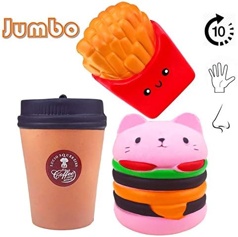 Aurorali Squishies Pack, 3 Pcs Slow Rising Toys Jumbo Squishies Kawaii Stress Reliver Soft Squeeze Toy Gift for Kids and Adults (Hamburger + Coffee Cup+ Fries)