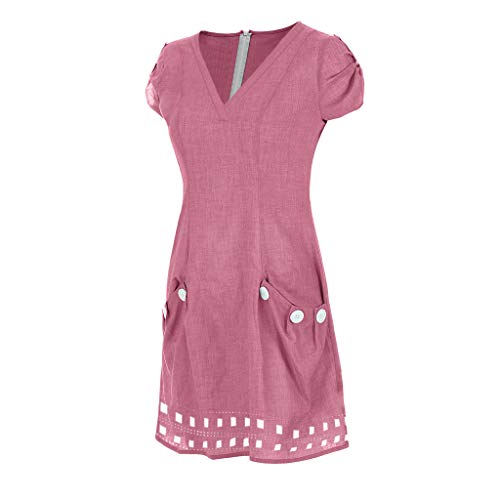 NRUTUP Women Dresses with Pocket V-Neck Ruffled Lace Shift Daily Buttoned-Decor Dresses Cotton Linen Hot(Pink,XL)