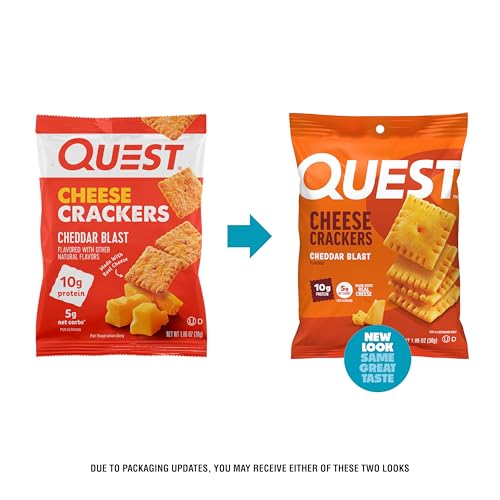 QUEST NUTRITION CHEESE CRACKERS, CHEDDAR BLAST, 10G PROTEIN, 5G NET CARBS, 1G SUGAR, MADE WITH REAL CHEESE, HIGH PROTEIN SNACK, 4 COUNT