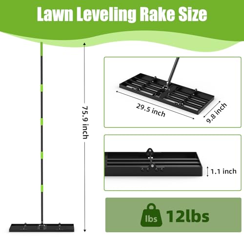 GARDTECH 30x10 Inch Lawn Leveling Rake Heavy Duty Adjustable Handle Yard Tool – Reinforced Steel Landscape Rake for Lawn Leveling, Soil Grading, Golf Course & Backyard Care