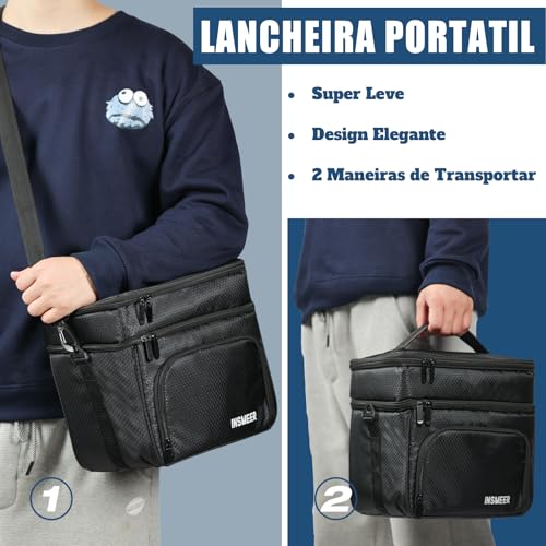 INSMEER Bolsa Térmica Marmita Para Homens, 2 Compartimentos Lancheira Termica Para Adulto Masculina Bolsa Termica De Separado Para Alimentos Quentes E Frios (2 Compartimentos, Preto)