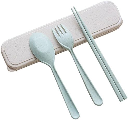 Wheat Straw Cutlery Portable Travel Fork Chopsticks Spoon Camping Picnic Set (Green)