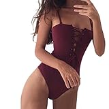 Vanvler Women's Fashion Strap Bandage Leotard Top Bodysuit Ladies Lace Up Plunge Playsuit (M, Red)