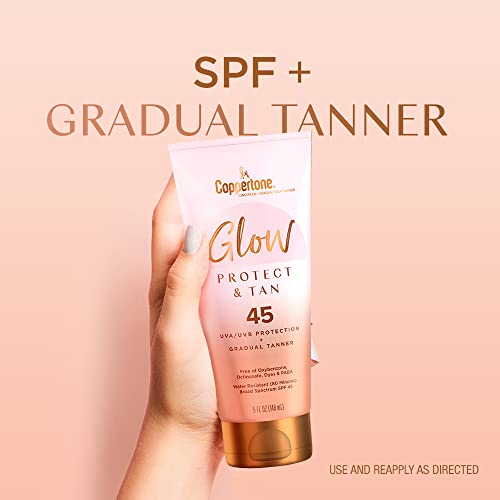 COPPERTONE GLOW PROTECT AND TAN SUNSCREEN LOTION + GRADUAL SELF TANNER, SPF 45 SUNSCREEN, 5 FL OZ TUBE