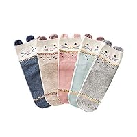 Cartoon Crew Socks, Yuccer Cotton Seamless Socks Cute Warm Ankle Socks for Girls Kids 5 Pairs Pack (Cat)