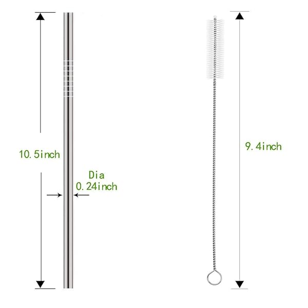 SET OF 10 STAINLESS STEEL STRAWS, HUAQI STRAIGHT REUSABLE STRAIGHT DRINKING STRAWS 10.5” LONG 0.24‘’ DIA FOR 30 OZ TUMBLER AND 20 OZ TUMBLER, 2 CLEANING BRUSH INCLUDED