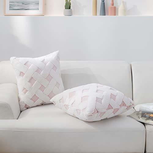 Cozy Bliss Faux Fur Pillow Covers Luxury Super Soft Plush Fleece Throw Pillowcase, Textured Knitted Cushion Cover Decorative Pillowcases for Sofa Couch Bed Chair Car (Pink, 18