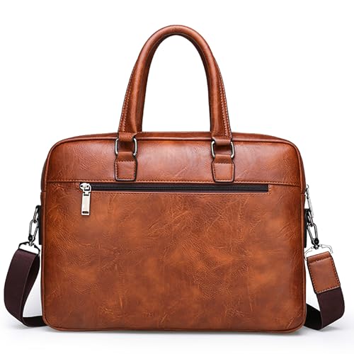 Aishini Men's Leather Briefcase & Messenger Bag - 16 inch Laptop Satchel with Adjustable Shoulder Strap, Waterproof Large Capacity Business Handbag for Professionals - [ 42 x 38 x 6cm ] Tan Brown | ASLPTOP02