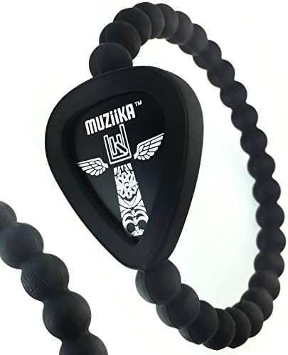 MUZiiKA Guitar Pick Holder Bracelet By Pickbandz in Epic Black - holds up to 4 picks (two MUZiiKA picks included) select Beaded ONLY, w/SKULL or w/CROSS and (UNISEX) size (Small Beaded)