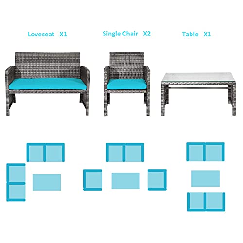 DORTALA 4 Piece Patio Furniture Set, Outdoor Wicker Conversation Set with Soft Cushions & Tempered Glass Coffee Table, Rattan Patio Sofa Bistro Sets for Courtyard Balcony, Turquoise