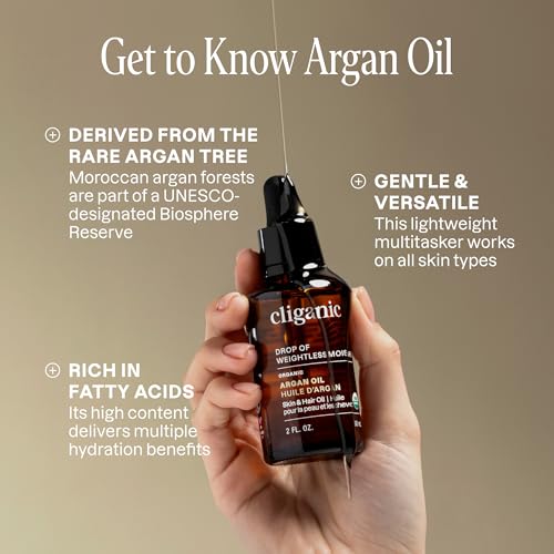 Cliganic – Aceite de Argán Orgánico 100% Puro, Prensado en Frío, 60 ml (2 fl. oz) – Certificado USDA Organic – Vegano, Sin OMG – Hidratante para Piel, Cabello y Rostro