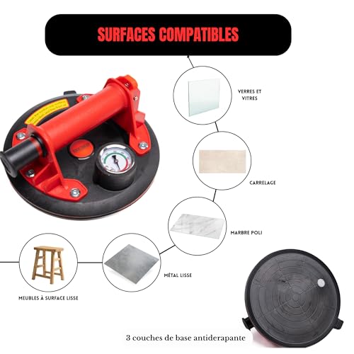 RockToolUp 2 Tile Suction Cups 200 mm with Pressure Gauge – Capacity up to 400 kg Professional Glass Suction Cup, Powerful Tool for Tiles, Windshield, Furniture, Moving – Kit & Case Included