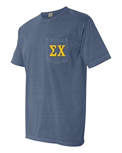 Comfort Colors Sigma Chi Fraternity Pocket T-Shirt (Large, Blue Jean)