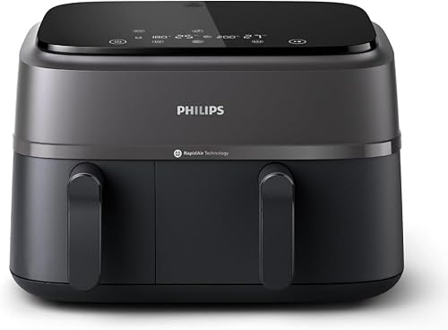 Philips Dual Basket Air Fryer – 9L Total Capacity with Two Different-Sized Drawers, Versatile Cooking Options with Rapid Air Technology, Touchscreen, Ideal for Roasting, Baking & Grilling (NA350/00)