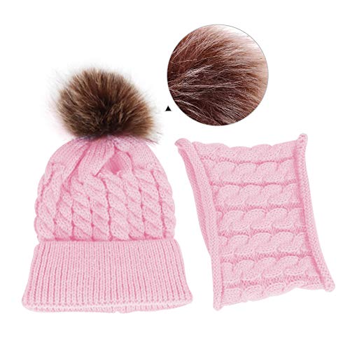 Baby Girls Boys Winter Beanie Hat Scarf Set Toddler Warm Knitted Hats Circle Scarf for Infant Newborn Winter Pom Hat Pink