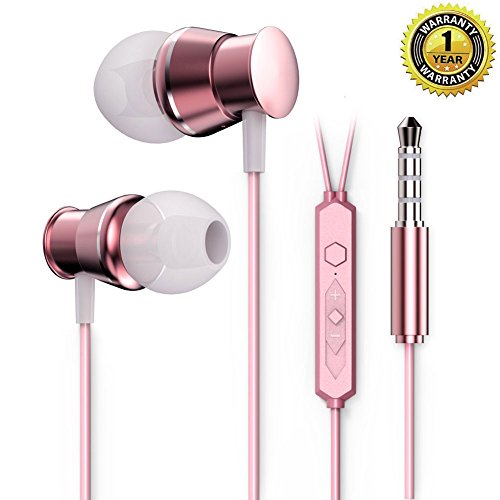 Wired Extra Bass Earbuds with Mic,in Ear Headphones Ear Buds Rose Gold Compatible with iOS Apple and Android,Corded Earphones for iPhone 6 6s iPad Samsung Galaxy (Rose Gold)