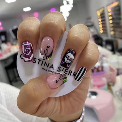Halloween Press on Nails Square Short Fake Nails French Tip False Nails With Heart Skull Swirls Designs Full Cover Stick on Nails Acrylic Reusable Artificial Nails for Women Glue on Nails 24Pcs