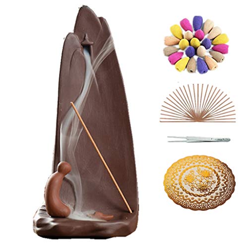 Backflow Ceramic Incense Holder Waterfall Incense Burner with 50 Backflow Incense Cones 40 Incense Sticks 1 Tweezers 1 Pad, Mountain Tower Censer Aromatherapy Ornament Home Decor