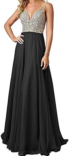 QSYE Women's Beaded Prom Dreeses Long V-Neck Chiffon Evening Gowns 2017 Black,12