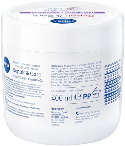 NIVEA Repair & Care Creme parfümfrei (400ml), Feuchtigkeits-Körpercreme, schnell einziehende Lotion mit Glycerin, Provitamin B5 & Ceramiden für trockene, sensible Haut 9
