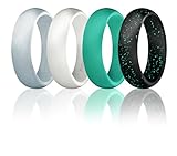 Silicone Wedding Ring For Women By ROQ, Affordable Silicone Rubber Wedding Bands, 4 Pack - Glitter Teal, Pink, Silver, Turquoise, White, Purple