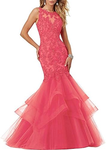 XSWPL Women's Applique Long Mermaid Tulle Prom Party Evening Dress Coral US14