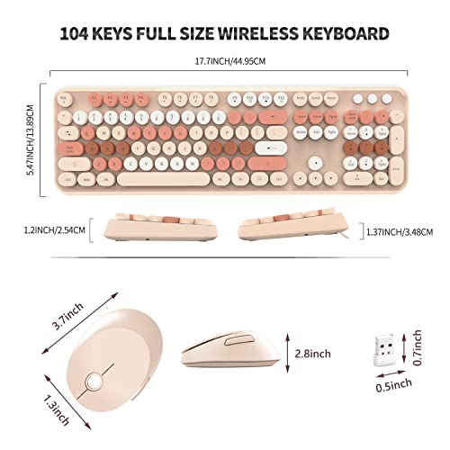 Wireless Keyboard and Mouse Combo, Ergonomic Full Size Typewriter Retro Round Keycaps Keyboard, Compatible with Windows, PC, Perfer for Home and Office Keyboards (Chocolate)