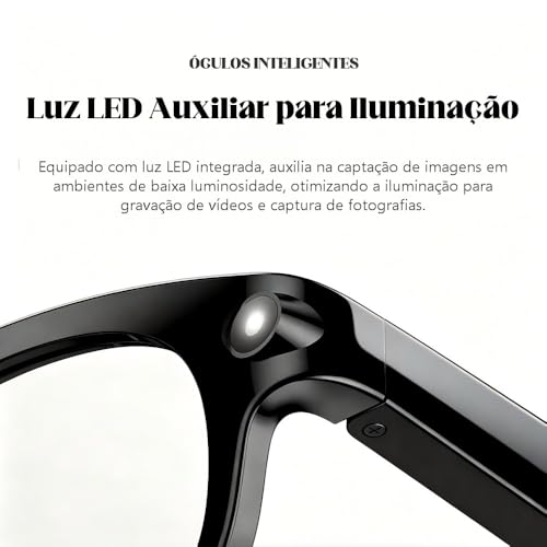 Óculos inteligentes com câmera 2MP, assistente virtual IA, tradução instantânea, reprodução musical, chamadas telefônicas, Wi-Fi 6 Bluetooth 5.4, bateria longa duração, carregamento USB-C