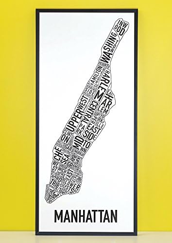 Framed Manhattan Neighborhoods Map, Black &amp; White, 16" x 36" in Black Frame