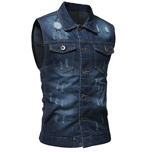 WUAI Clearance Men's Sleeveless Fashion Lapel Vintage Jeans Vest Motorcycle Jacket Waistcoat(Dark blue,US Size S = Tag M)