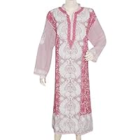 Women's Tunic Dress Pink Floral Embroidered Georgette Caftan Dress XXXL